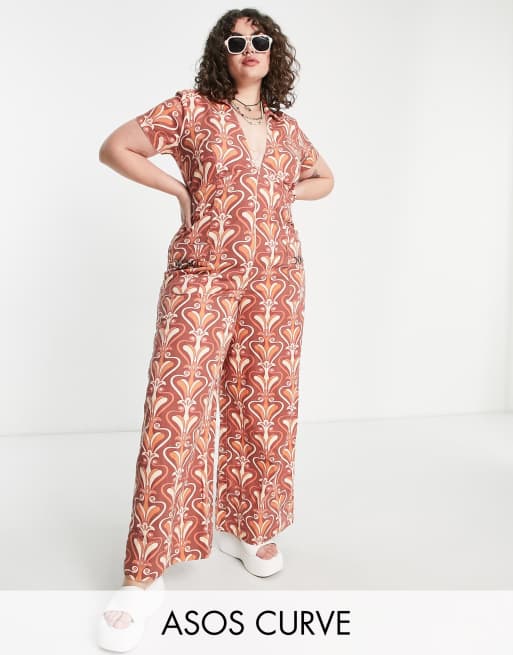 Mono largo de pernera ancha con solapas y estampado de ondas retro de sarga de ASOS DESIGN Curve