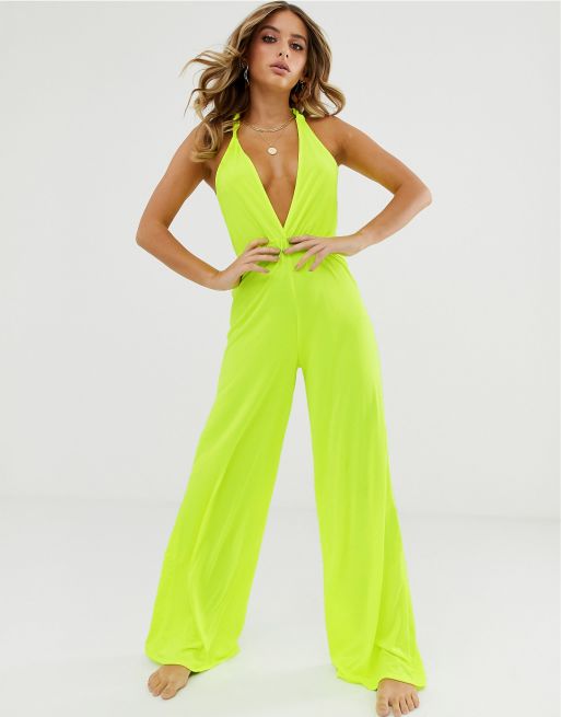 Mono largo de playa de punto ceñido y escotado con detalle retorcido en la espalda en amarillo neón de ASOS DESIGN