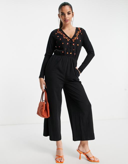 Mono largo de tarde negro con botones y bordados en el delantero de ASOS DESIGN 