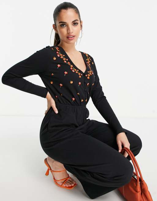 Mono largo de tarde negro con botones y bordados en el delantero de ASOS DESIGN , 2 de 4