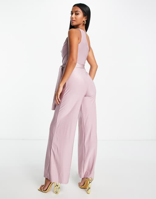 Mono largo malva asimétrico de pernera ancha con cuerpo fruncido de ASOS DESIGN Petite, 3 de 4