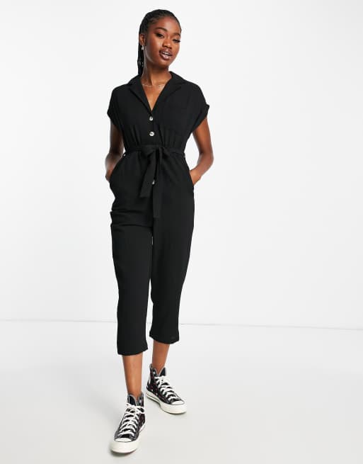 Mono largo negro abotonado con lazada en la cintura de New Look