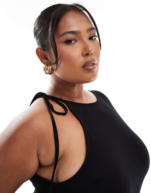 Mono largo negro asimétrico de pernera ancha con lazada en el hombro de ASOS DESIGN Curve, 4 de 4