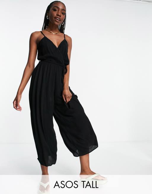 Mono largo negro de corte culotte y tirantes con diseño cruzado en la parte delantera y ribetes de ASOS DESIGN Tall