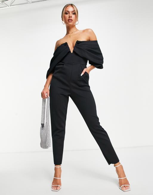 Mono largo negro de corte slim con escote Bardot y barra en forma de V de tejido neopreno de ASOS DESIGN | ASOS