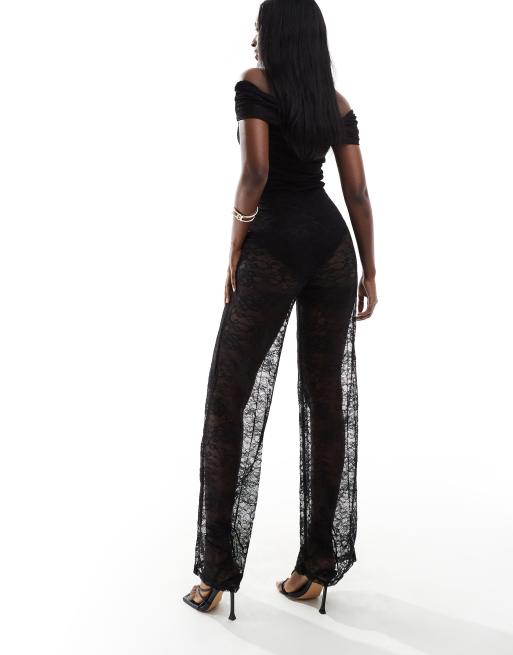 Mono largo negro de pernera ancha con body integrado y escote Bardot de encaje de ASOS DESIGN, 3 de 4