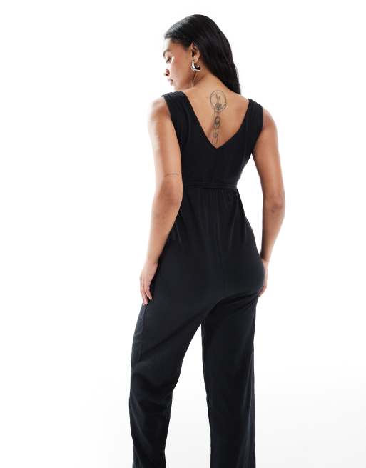 Mono largo negro de pernera ancha con cuello de pico y lazada en la cintura de pernera ancha de Mamalicious Maternity, 3 de 4