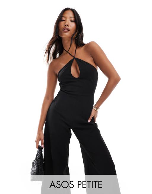 Mono largo negro de pernera ancha con cuello halter y abertura de ASOS DESIGN Petite