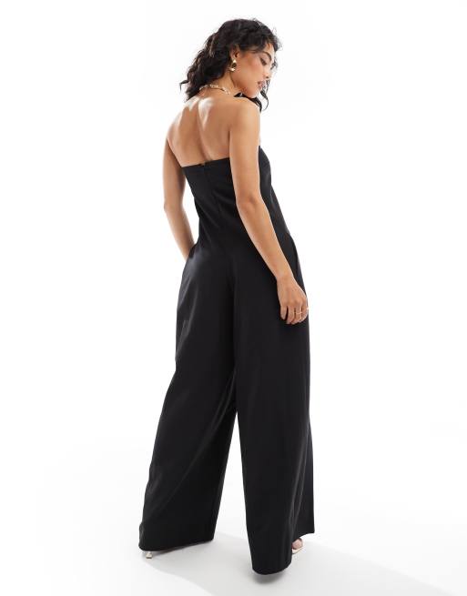 Mono largo negro de pernera ancha con escote palabra de honor de Pretty Lavish, 4 de 4