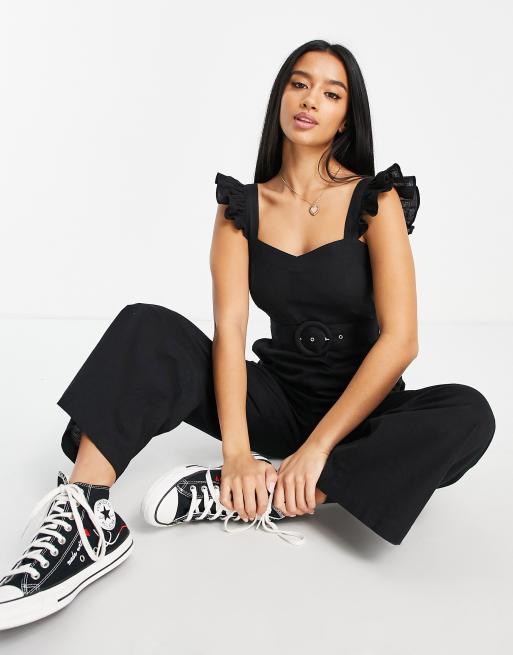Mono largo negro de tirantes con volante de efecto lino de Miss Selfridge Petite, 4 de 4