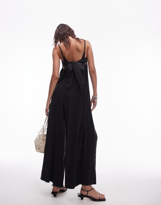 Mono largo negro de tirantes de pernera ancha con lazada en la espalda de cupro de Topshop, 3 de 4