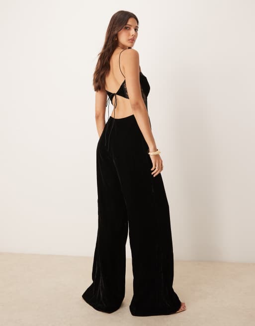 Mono largo negro de tirantes de terciopelo con inserto de encaje de ASOS DESIGN, 3 de 4