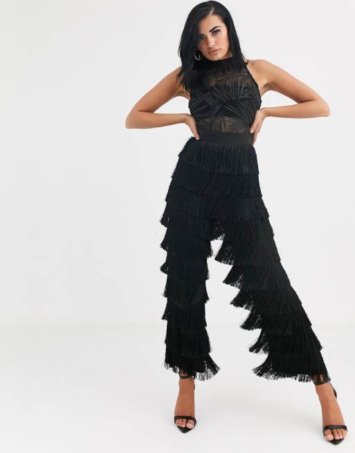 plan de ventas regla constructor Mono largo negro transparente de fiesta con lentejuelas y flecos Premium de  Opulence England | ASOS