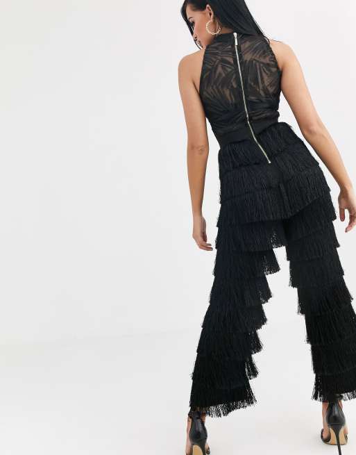 plan de ventas regla constructor Mono largo negro transparente de fiesta con lentejuelas y flecos Premium de  Opulence England | ASOS