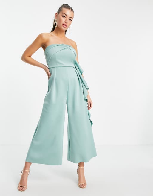 Mono largo palabra de honor con volantes de tejido tipo neopreno de ASOS DESIGN
