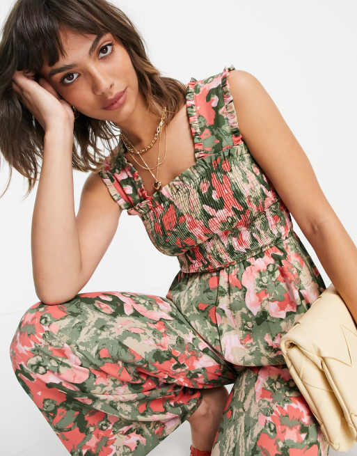 Mono largo rosa y verde con estampado floral y diseño fruncido de pernera ancha de Vero Moda