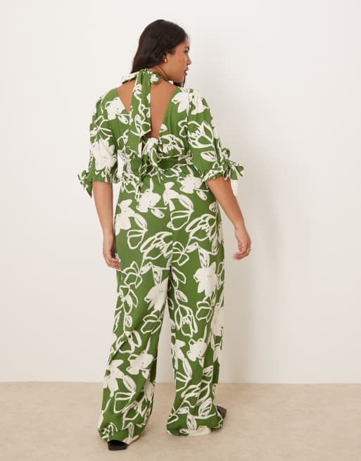Mono largo verde con cintura fruncida y estampado floral de ASOS DESIGN Curve , 4 de 4
