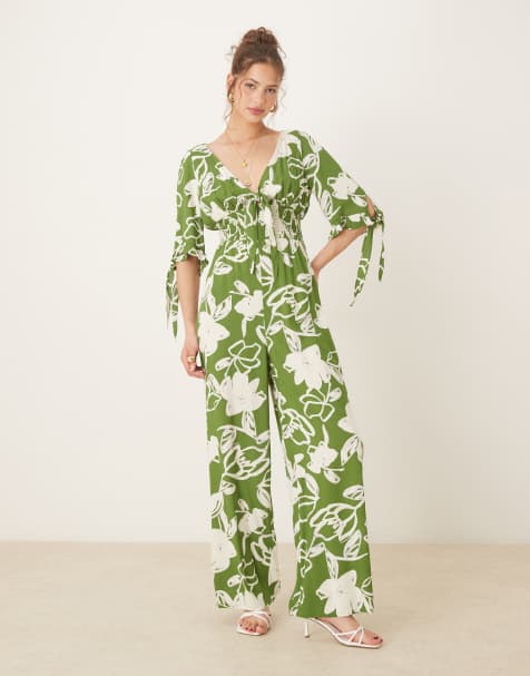 Mono largo verde con cinturilla fruncida y estampado floral de ASOS DESIGN - view 1