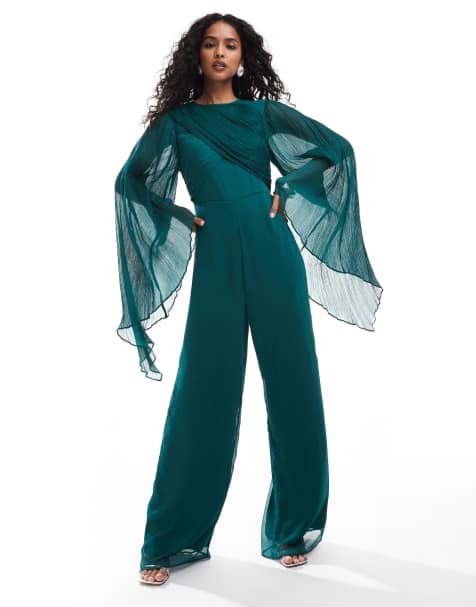 Mono largo verde joya de pernera ancha con mangas extragrandes de chifón de ASOS DESIGN - view 1