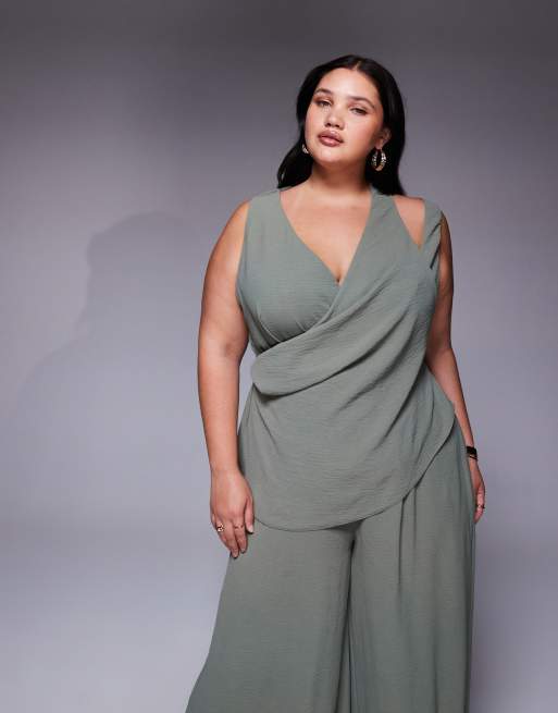 Mono largo verde oliva escotado de pernera ancha con múltiples tiras de ASOS DESIGN Curve, 2 de 4