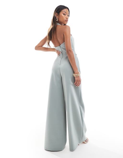 Mono largo verde salvia con cuello halter envolvente de tejido efecto neopreno de ASOS DESIGN, 3 de 4