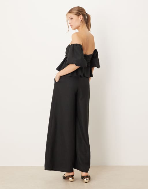 Mono largo verde salvia con escote Bardot, mangas muy abullonadas y sobrefalda de ASOS DESIGN, 3 de 4