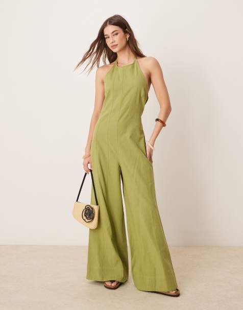 Mono largo verde salvia de pernera ancha con cuello halter y detalle de costuras de ASOS DESIGN - view 1