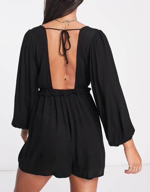 Mono playero corto negro escotado con manga voluminosa de ASOS DESIGN, 2 de 4