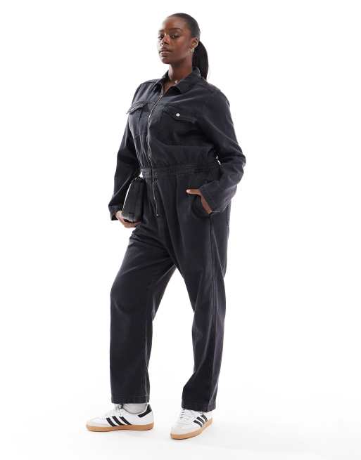 Mono vaquero de estilo worker con lavado negro, cintura elástica y cremallera de ASOS DESIGN Curve