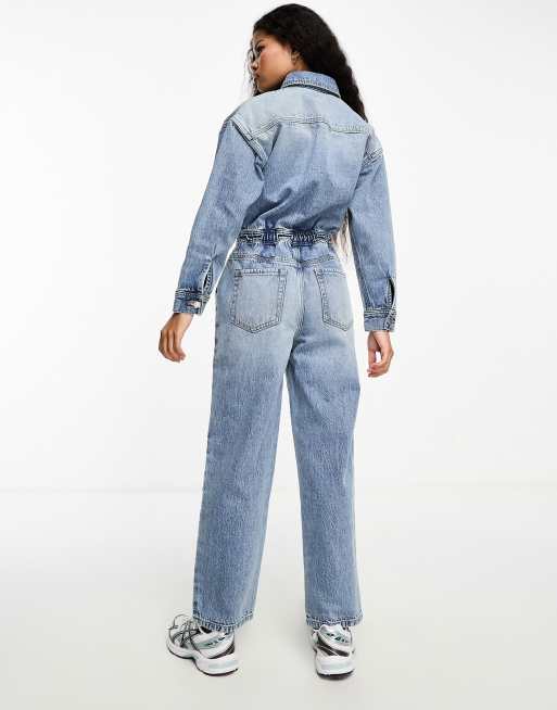 Mono vaquero largo azul lavado de estilo worker de Miss Selfridge Petite, 2 de 4