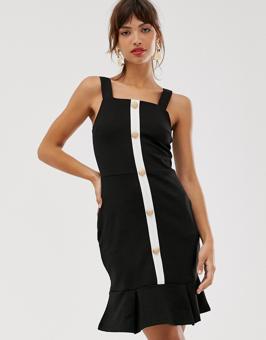 фото Монохромное платье-комбинация с пуговицами и расклешенной юбкой river island-черный
