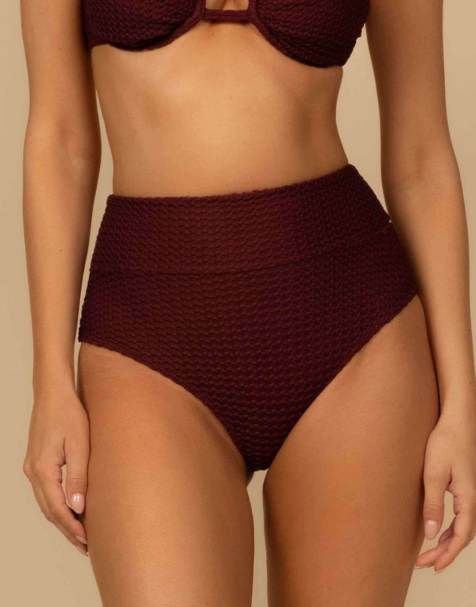 MONTCE added coverage high rise bikini bottom in maroon crochet - view 1