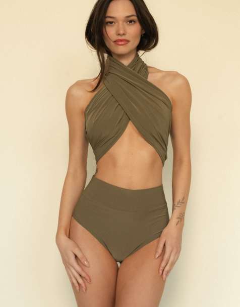 MONTCE added coverage high rise bikini bottoms in khaki green - view 1