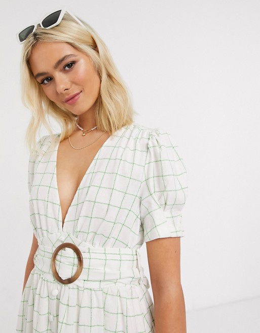 Moon River belted midi dress in green check