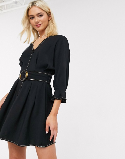 Moon River belted skater dress with balloon sleeve in black