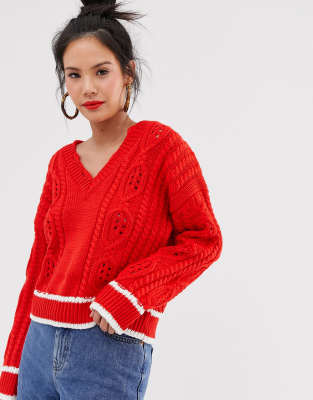 Moon River cable knit v-neck jumper-Red