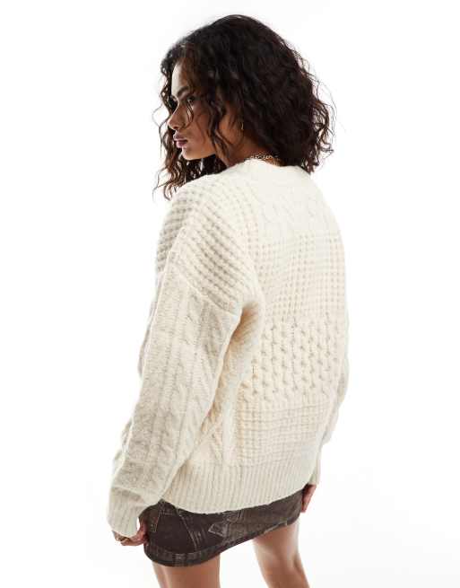 Moon River crew neck long sleeve patchwork knitted jumper in ivory ASOS