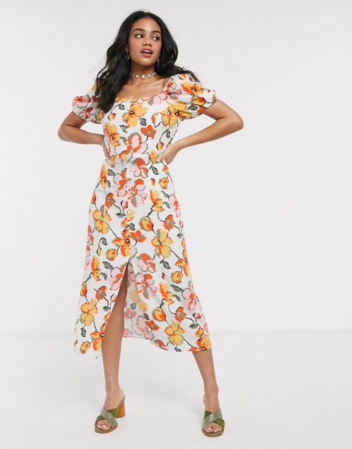 Moon River floral puff sleeve midi dress with perspex belt in red multi