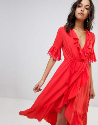 frill wrap midi dress