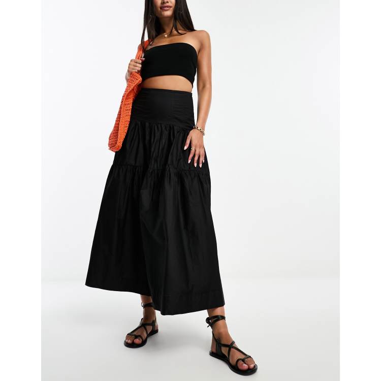 Moon River Gesmockte midi rok met stroken in zwart ASOS