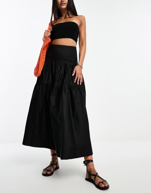 Moon River - Gesmockte midi-rok met stroken in zwart