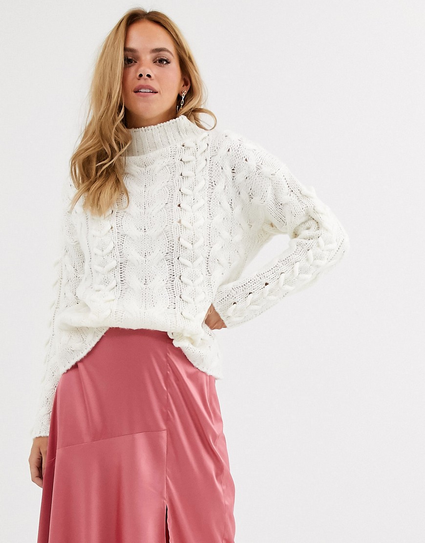 Moon River high neck cable knit jumper-White