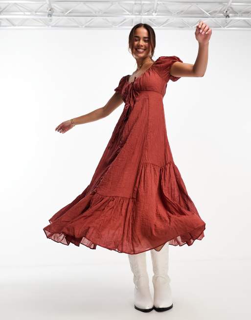 Moon River – Maxikleid in Dunkelorange mit Puffärmeln und Knopf