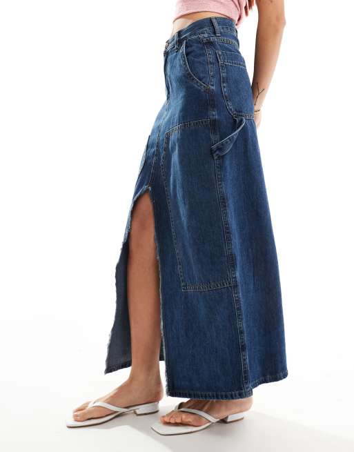 Moon River – Mellanblå midikjol i denim med slits framtill, 2 av 5