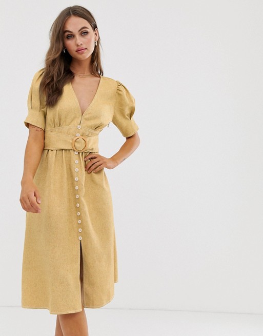 Moon River midi dress with puff sleeves and belt