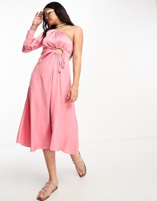 Moon River One Shoulder Tassel Tie Midi Dress In Pink