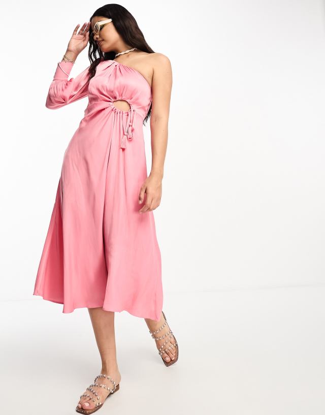 Moon River - one shoulder tassle tie midi dress in pink