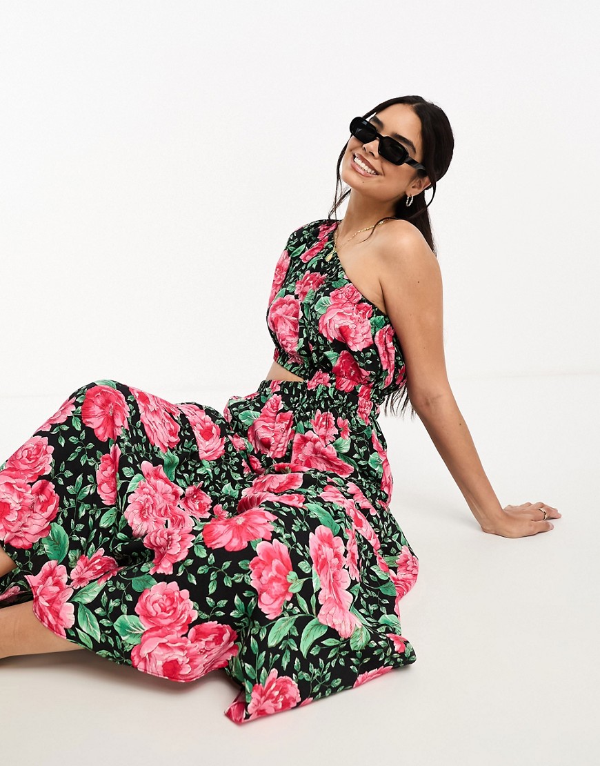 Moon River one shoulder tiered midi dress in black and pink floral