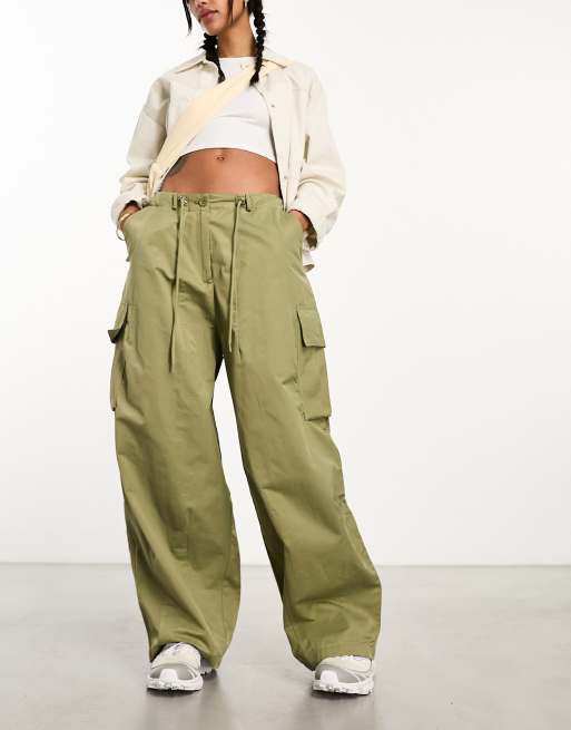 Moon River - Pantaloni cargo verde oliva con vita regolabile con coulisse