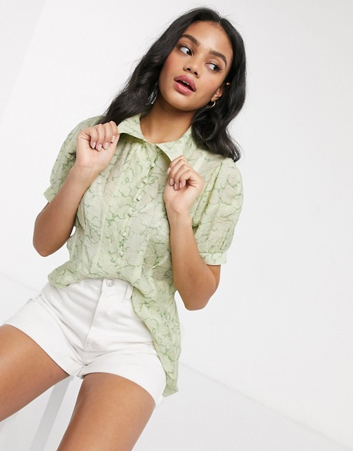 Moon River patterned organza shirt in lime multi